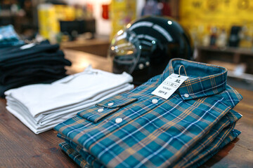 Close up of label with price and size over a blue plaid shirt on industrial style store. Organized...