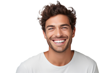 Studio portrait of a handsome young white Americana man with a beautiful smile isolated on transparent png background.