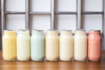 different flavors of meal replacement shakes on a light-colored shelf