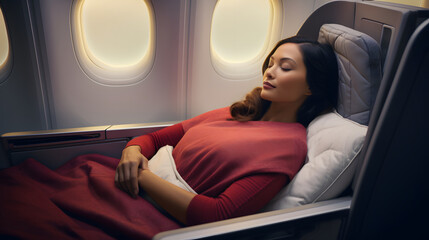 Young woman passenger sleeping on the seat with a pillow and blanket on a flight in the business class cabin - obrazy, fototapety, plakaty