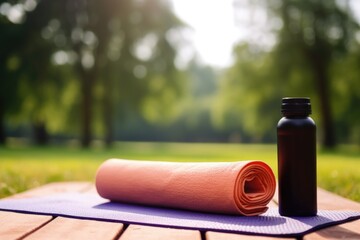 bottle of water and yoga mat in a park - obrazy, fototapety, plakaty