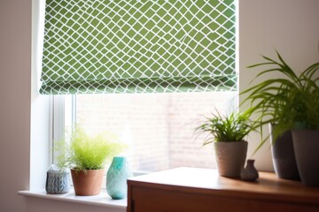geometric patterned fabric blind rolled down to a mid-window position