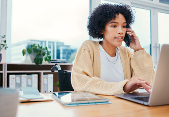 Office, laptop and woman with phone call in wheelchair typing at a desk with company report. Online, computer and female person with a disability and mobile networking on a website with app analysis