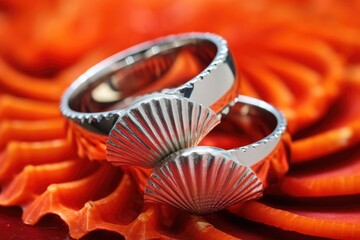a pair of silver wedding bands inside a vibrant orange scallop shell