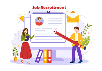 Job Recruitment or We are Hiring Vector Illustration with Candidates Giving CV to Interview Business to Become an Employee in Flat Cartoon Background