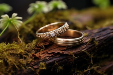 a pair of rustic wedding bands on a stump with mushrooms growing