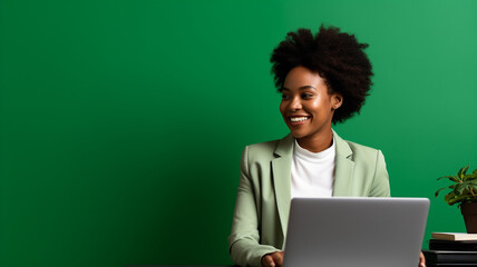 Portrait of smiling confident black businesswoman,investor, manager, freelance, leader on green background copy space