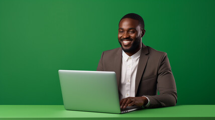 Portrait of smiling confident black businessman,investor, manager, freelance, leader on green background copy space