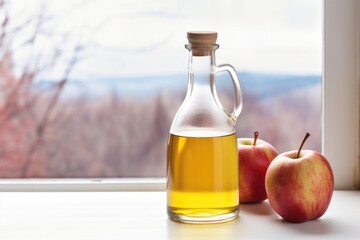 a bottle of apple cider vinegar and a glass full, placed near a window