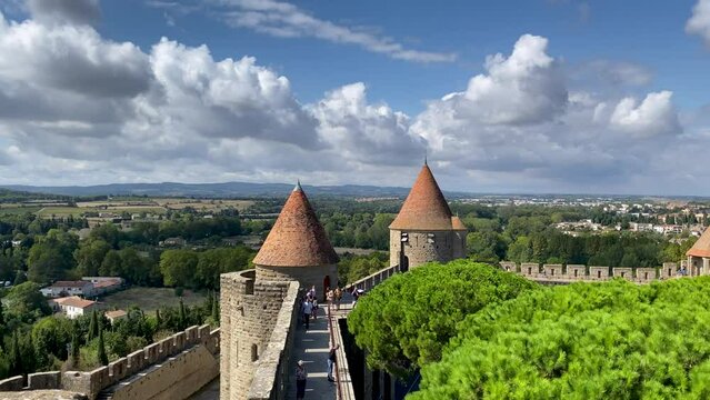 View of the medieval village and ramparts of Carcassonne in France. 