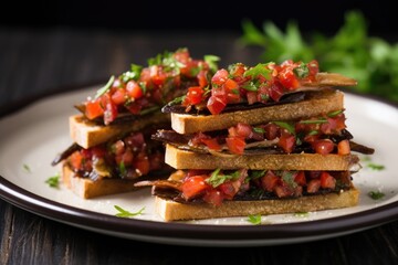 stack of anchovy bruschetta on rectangle plate