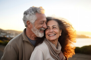 An elderly couple in love, a man and a woman, are hugging on the beach by the sea. Older lovers are happy. Seniors dating. Relationships in old age. Love and romance.