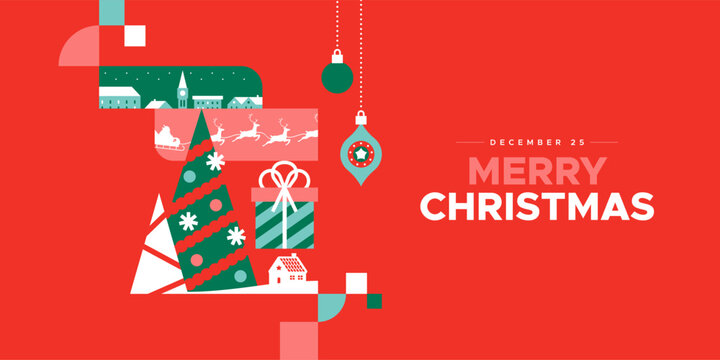 Merry Christmas landing web page template for xmas celebration event. Flat cartoon mosaic illustration includes santa claus with reindeer, gift box, pine tree and more.
