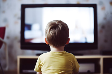 Back view of a child watching television in living room at home