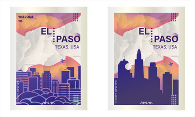 USA El Paso city poster pack with abstract shapes of skyline, cityscape, landmarks and attractions. US Texas state travel vector illustration set for brochure, website, page, business presentation - obrazy, fototapety, plakaty