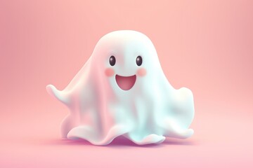 Adorable Halloween spirit in white costume, cuteness to spooky celebration. Pink background.