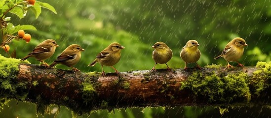 sparrows are sitting on a branch in the rain. - obrazy, fototapety, plakaty