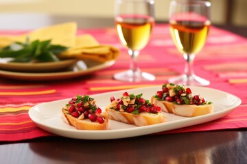 pomegranate bruschetta set against a yellow linen table runner