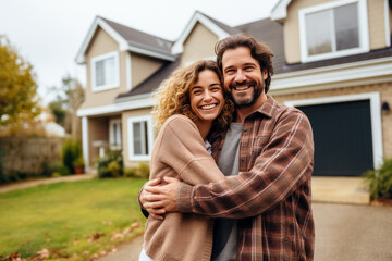 A happy couple stands proudly together in front of their new big, warm, and inviting home.