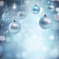Christmas background with snowflakes and christmas balls in blue and white tones
