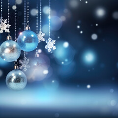 Fototapeta na wymiar Christmas background with snowflakes and christmas balls in blue and white tones