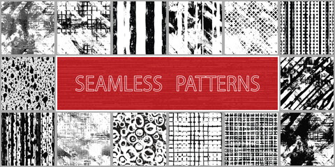 Set of seamless patterns, rough vector background, grunge texture, black and white