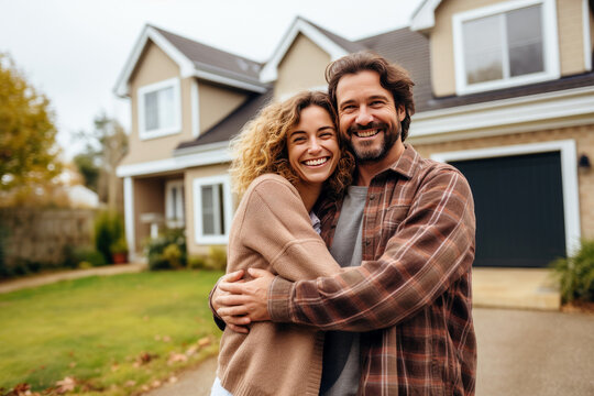 A Happy Couple Stands Proudly Together In Front Of Their New Big, Warm, And Inviting Home.