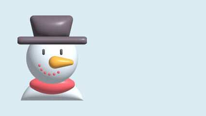 3d cute snowman with Xmas hat. Illustration of the snowman wearing a red muffler and Santa hat on an empty background