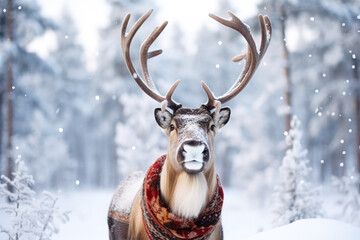 Horned reindeer in snowy Lapland, Finland. White Christmas travels at winter to Arctic.