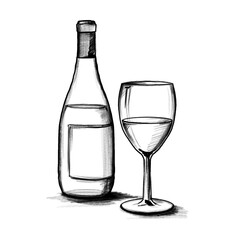 Wine bottle, and glass (white label) - Hand drawn illustration, black pencil, transparent PNG