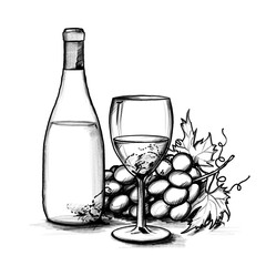 Wine arrangement, Bottle, glass, fruit - Hand drawn illustration, black pencil, transparent PNG