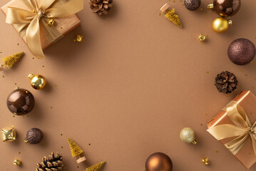 Sophisticated composition for holiday season, featuring lavish presents with bows, extravagant brown, gold balls, petite fir embellishments on rich brown surface, providing ideal frame for greetings