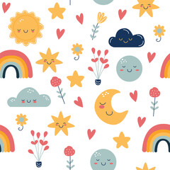 Seamless pattern of cute boho baby objects in Scandinavian style. Pattern for bedroom, wallpaper, kids and baby wear.