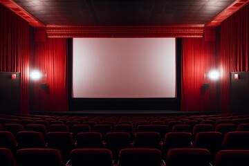 Fototapeta premium Empty cinema in red color with white blank screen