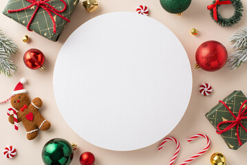 Creative holiday scene unfolds with top view of gifts, festive red, green, gold balls, gingerbread man toy, bells, dainty wreath, candy canes, frosted fir twigs on neutral backdrop, circle for advert