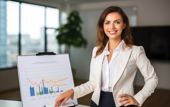 Businesswoman standing close to a flip chart with chart and looking to the camera