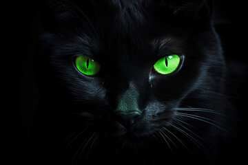 Portrait of a black cat with green eyes on a black background.
