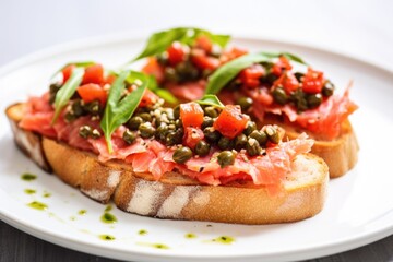 bruschetta with tuna and capers on a white plate