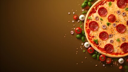 delicious pizza and vegetables , middle speace for copy and text , commercial post template for your resturant  - obrazy, fototapety, plakaty