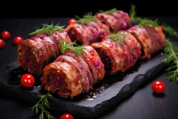 red cabbage rolls on black slate