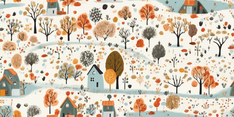 Seamless vector autumn cute cottage city pattern with watercolor trees and houses. Autumn landscape © Eli Berr