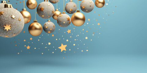 Christmas background with snowflakes and christmas balls in blue and gold tones