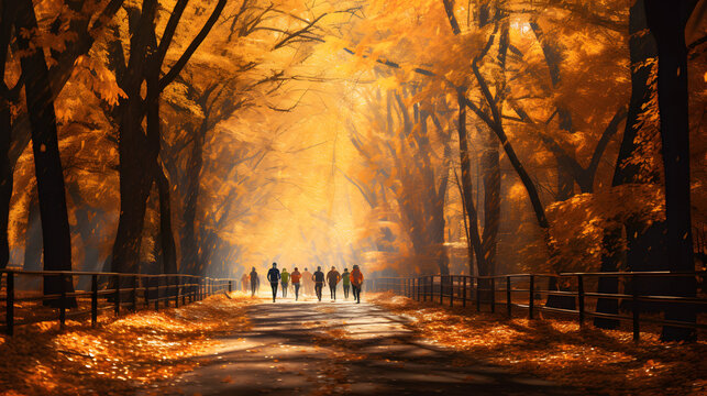 Photo Of A Diverse Group Of People Jogging Together In A Park During Autumn.