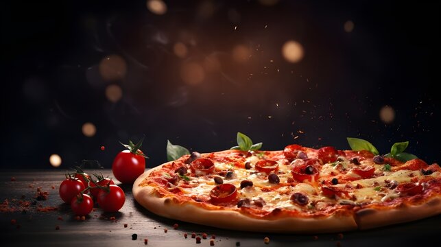 Spciy chicken pizza on table , background speace for your promo text and copy speace , pizzeria resturant 