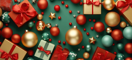 Christmas festive celebration greeting ball decorative ornament greeting festive colorful ball shiny element background. Gold red and green colours