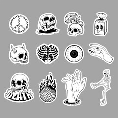 Sticker set skull horor vector template decorated with cartoon image and aesthetic quotes graphic design	