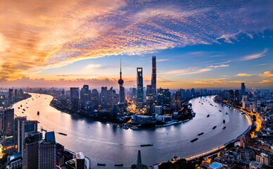 Shanghai city financial district skyline scenery at dusk