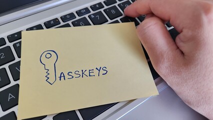 A sticky note with the word Passkeys placed on a keyboard