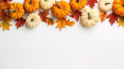 Autumn background with pumpkins and colorful leaves. Top view, copy space