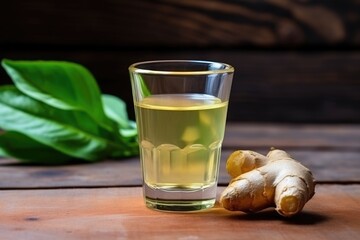close-up of a ginger shot in a tiny glass on a wooden surface